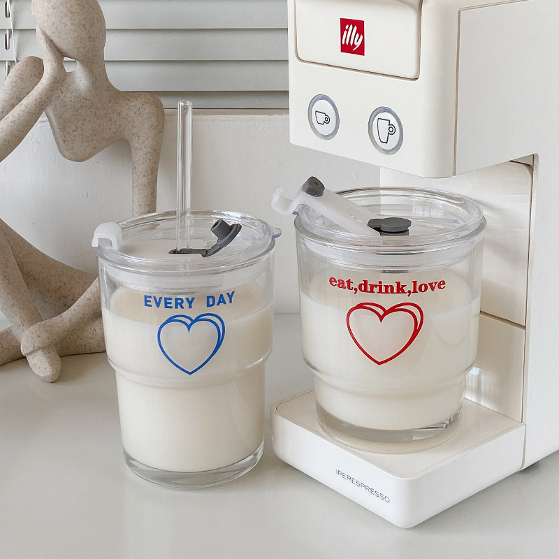 《4431》ins風愛心玻璃吸管杯 350ml/ 400ml