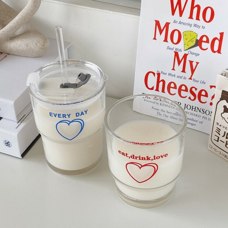 《4431》ins風愛心玻璃吸管杯 350ml/ 400ml