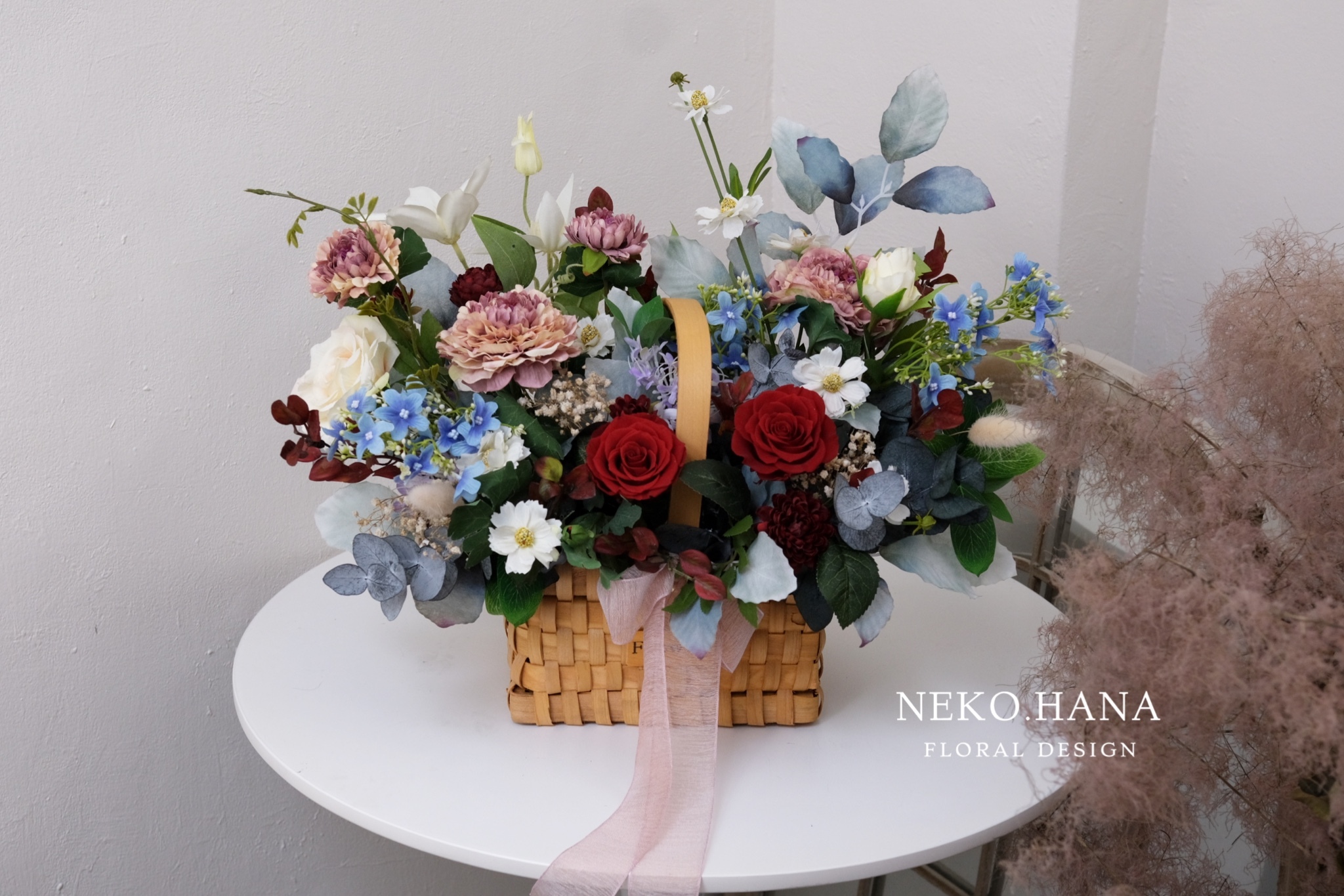 紅藍色系永生花提籃