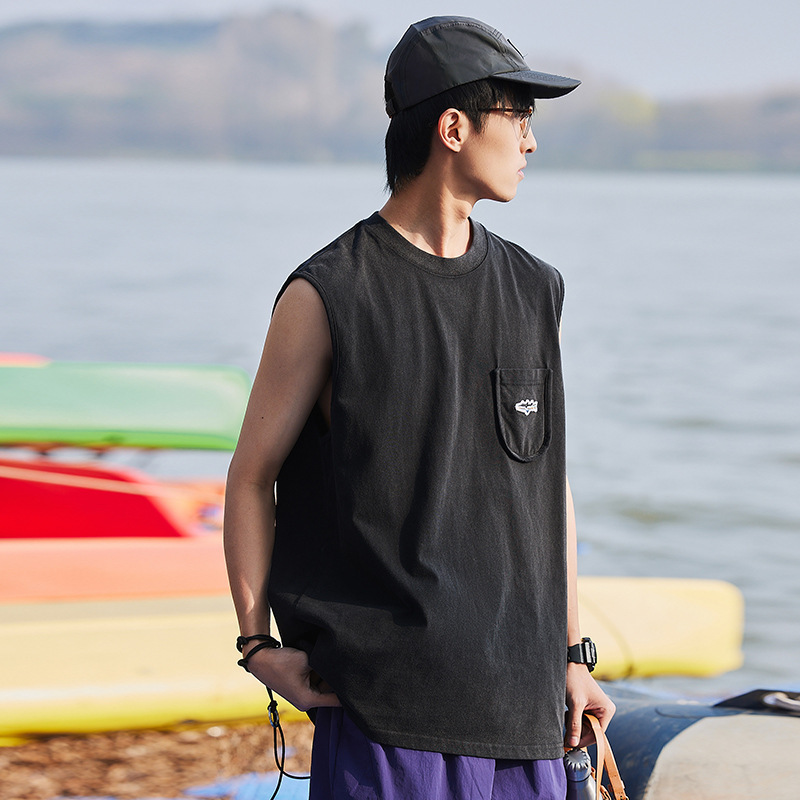 7M01 美式做舊水洗口袋無袖背心 兩色