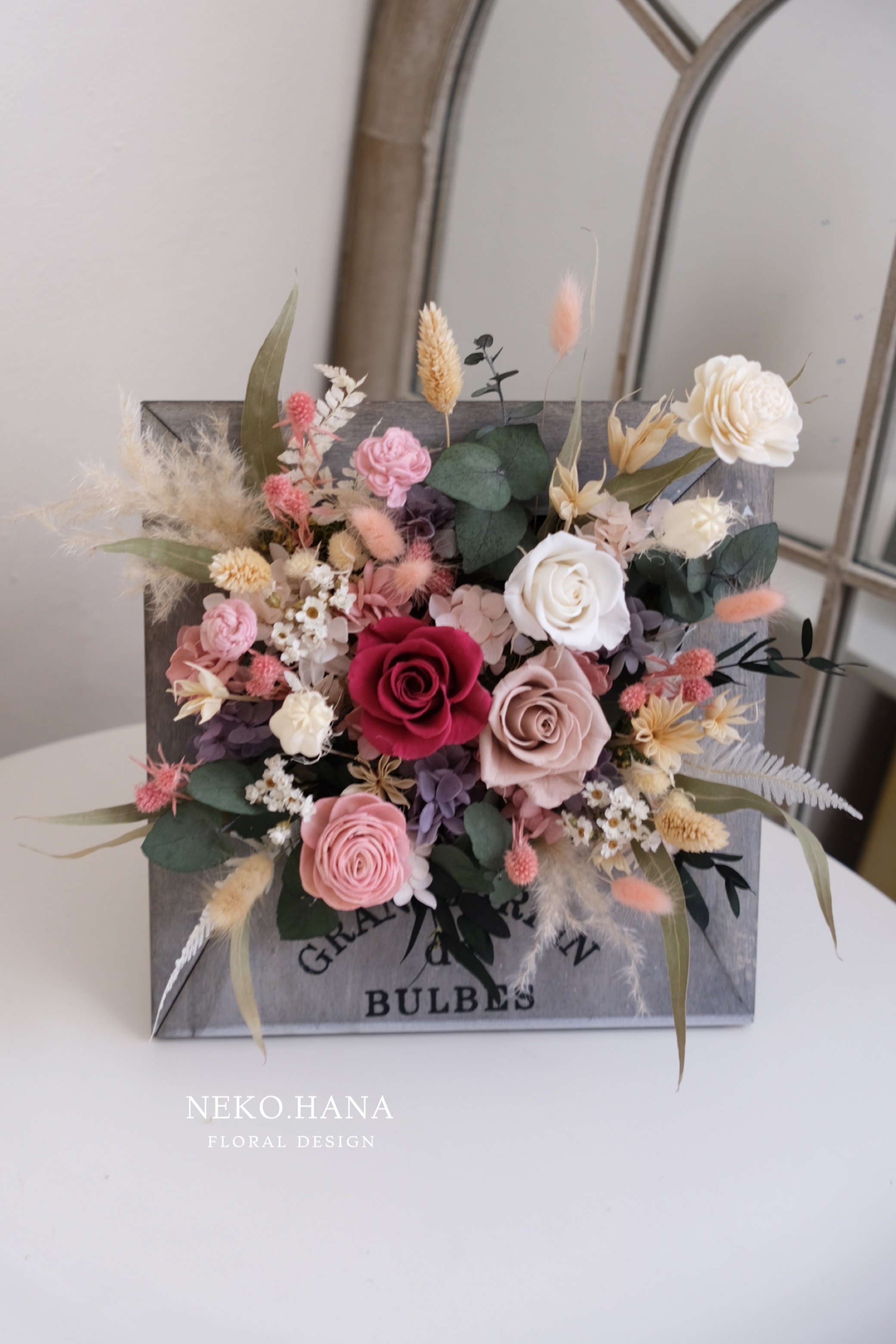 莫蘭迪色永生花立框 (紅裸色）