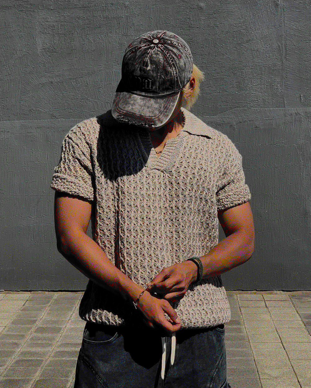 網眼領子短袖針織衫