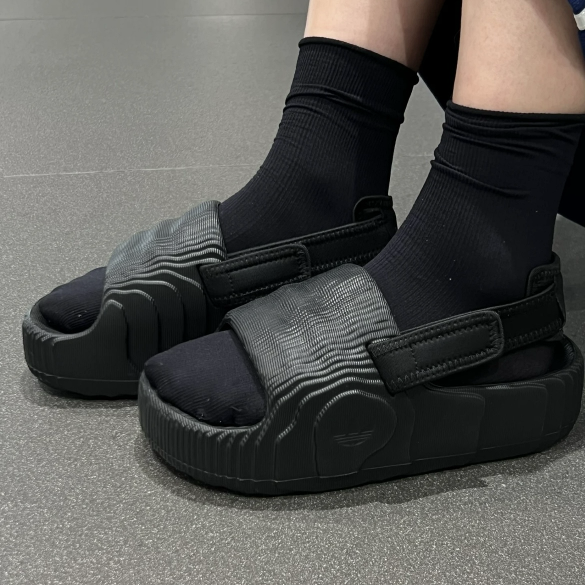 Adidas Adilette 22 XLG 全黑 黑色 半拖鞋 魔鬼沾 厚底 增高 水波紋 地形圖 涼鞋 拖鞋
