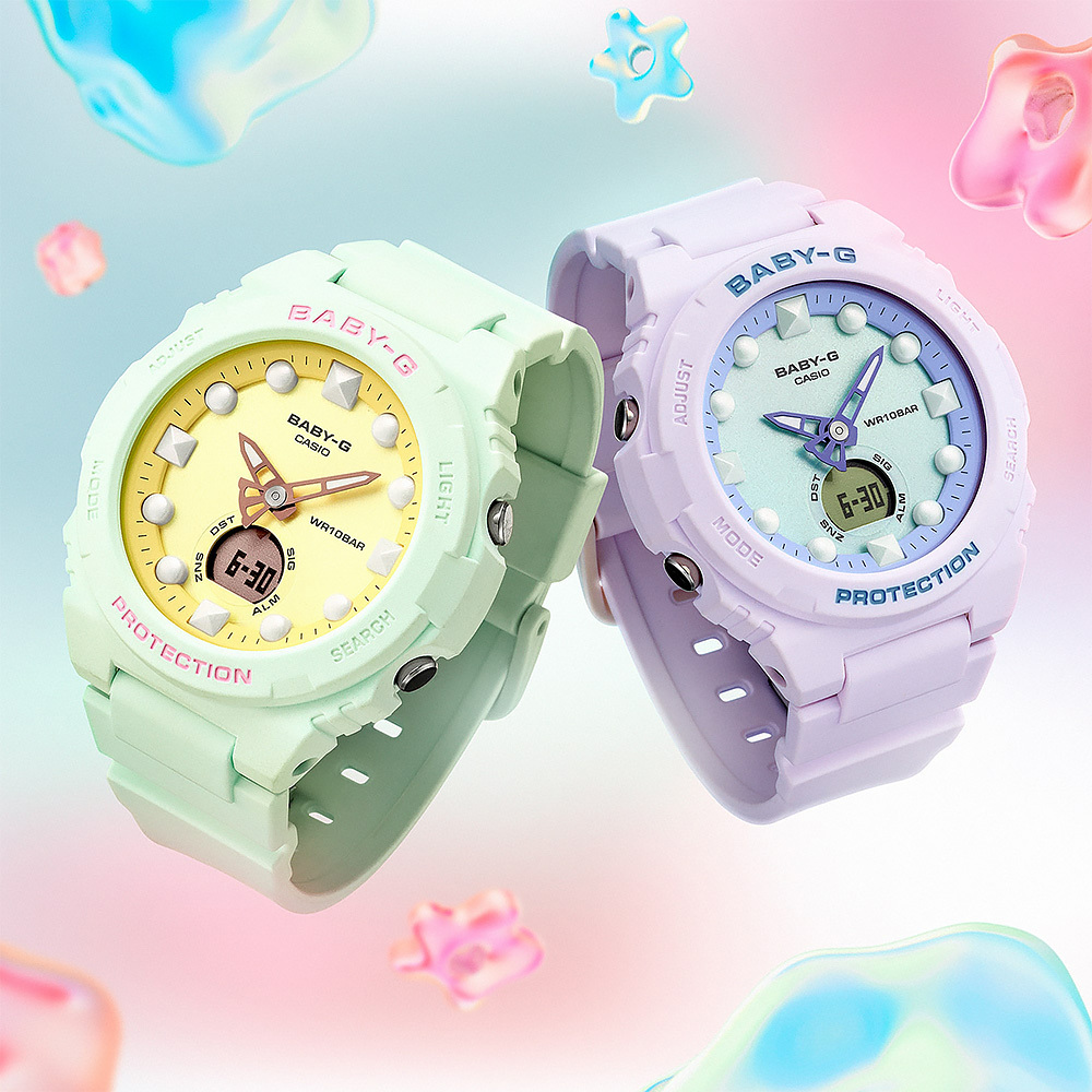 【CASIO 卡西歐】 BABY-G BGA-320FH 世界時間 LED 倒計時 未來風 輕盈感 夢幻偏光霧面 可愛甜美 耐衝擊 指針錶 鬧鈴 報時 碼錶