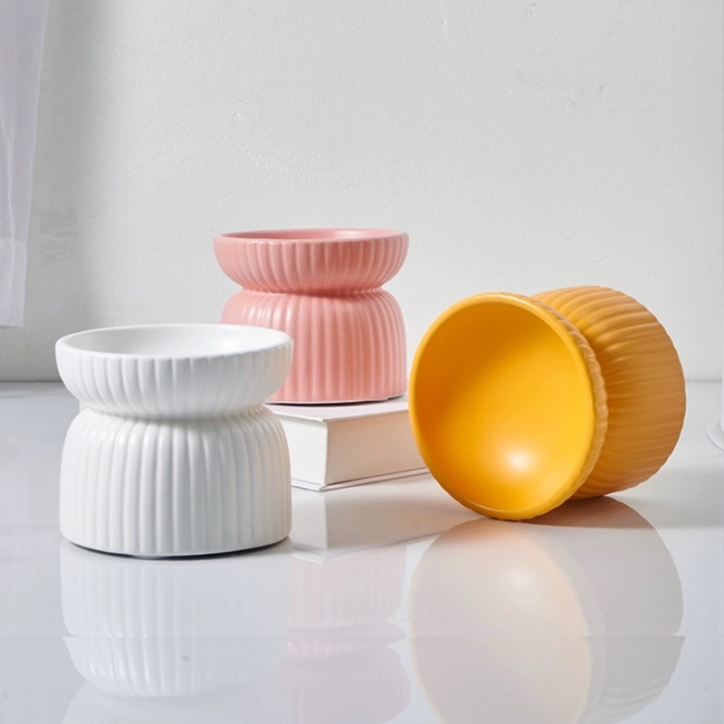 HOCC宠物陶瓷碗 高脚圆形条纹碗 200ML