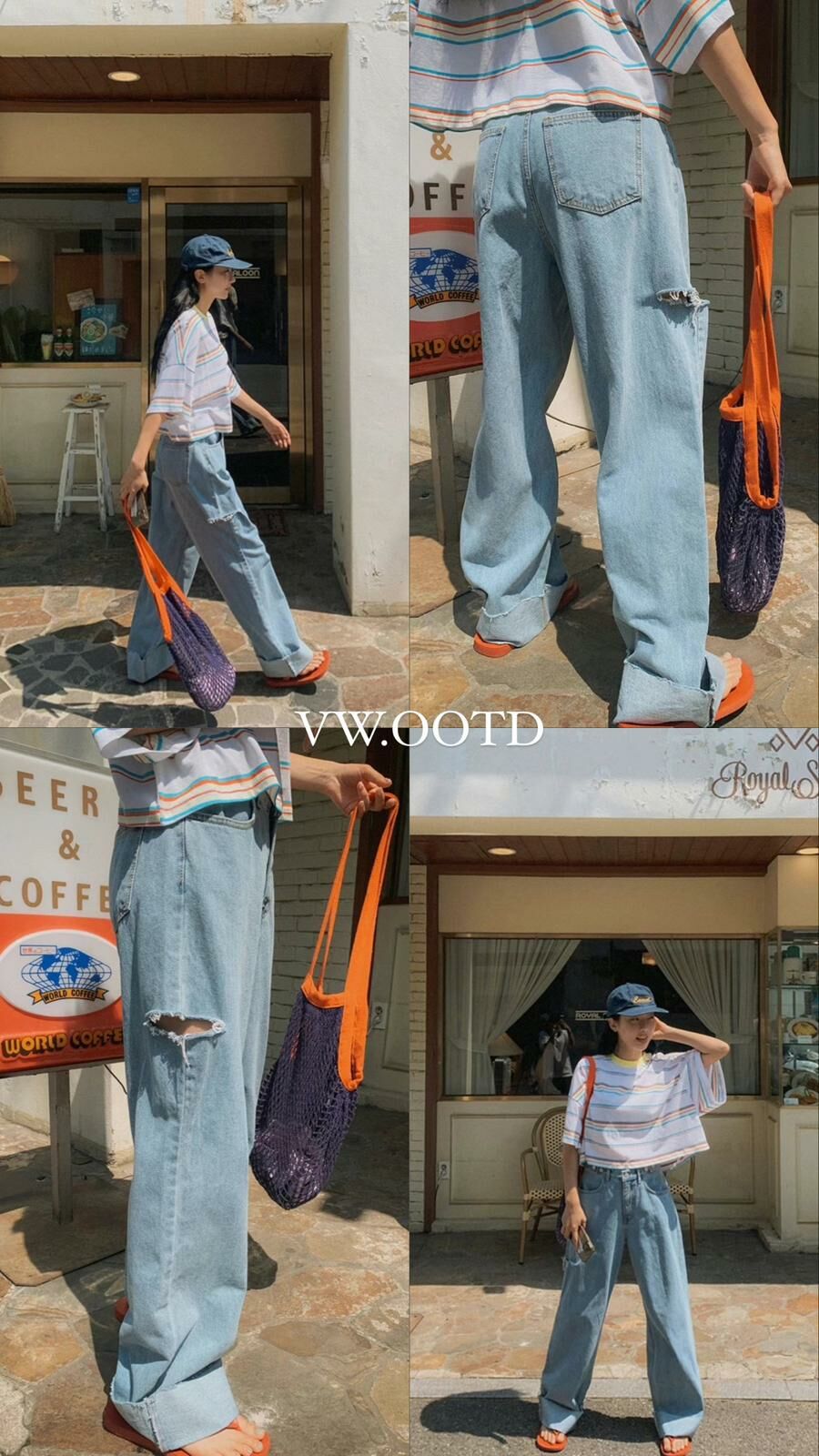 中低腰單邊破洞牛仔褲