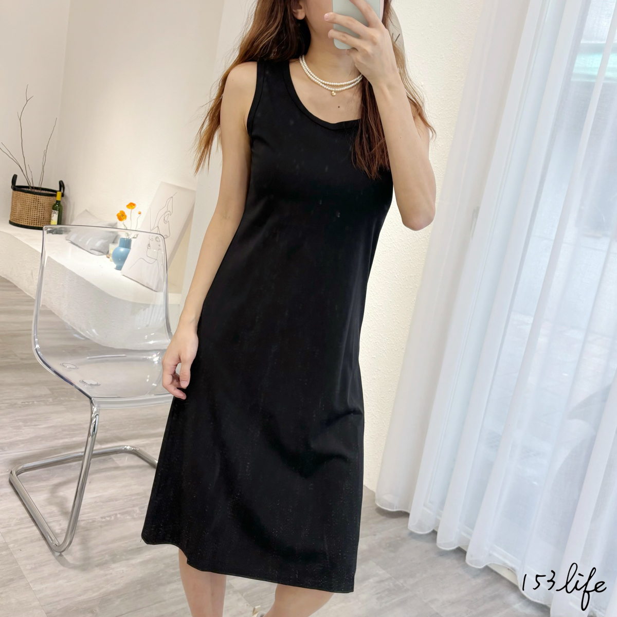 休閒圓領小個子直筒黑色中長版洋裝(XXS-L)