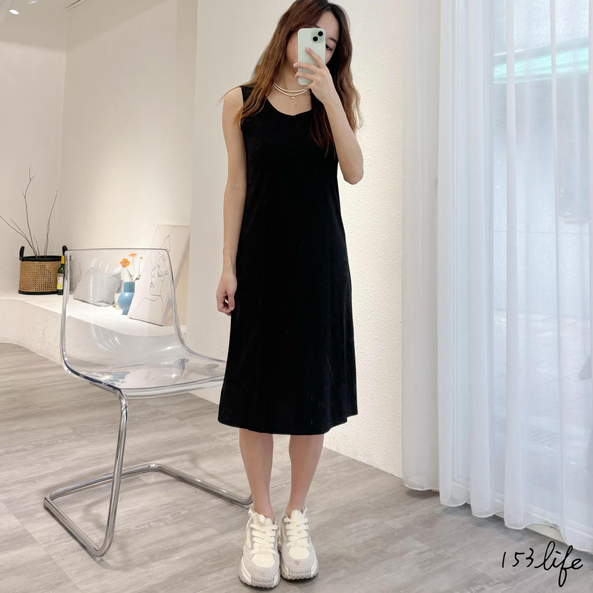 休閒圓領小個子直筒黑色中長版洋裝(XXS-L)