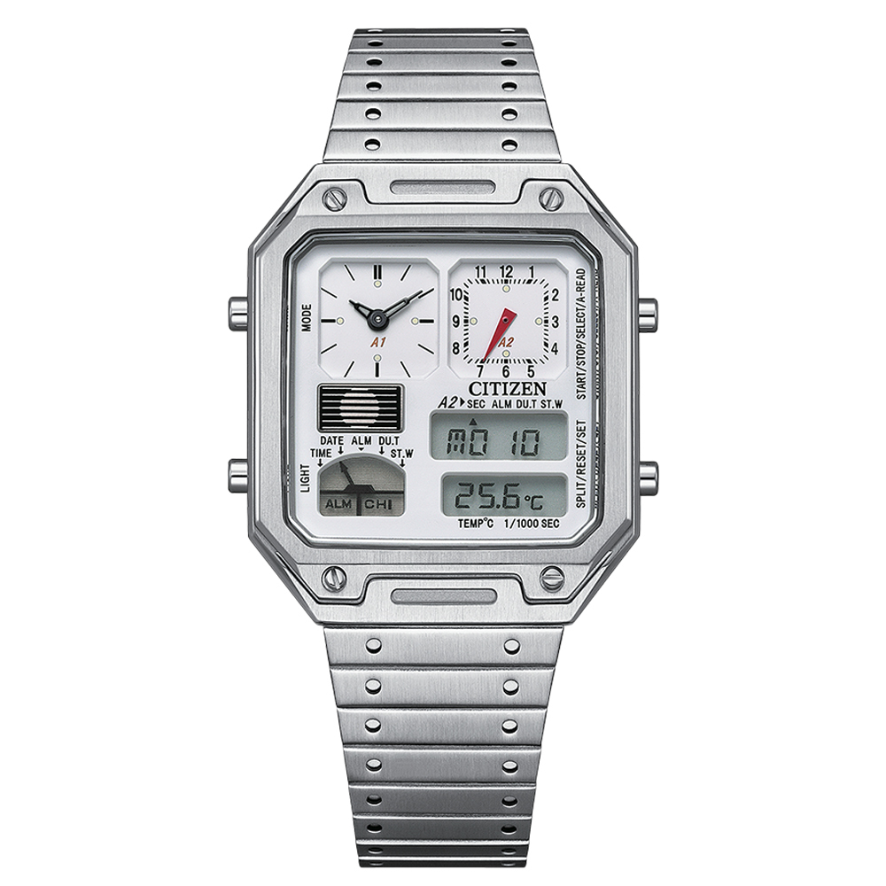 【Citizen 星辰】 GENT系列 JG2120-65A 80年代復古時尚 兩地時間 日期溫度雙顯 電子錶