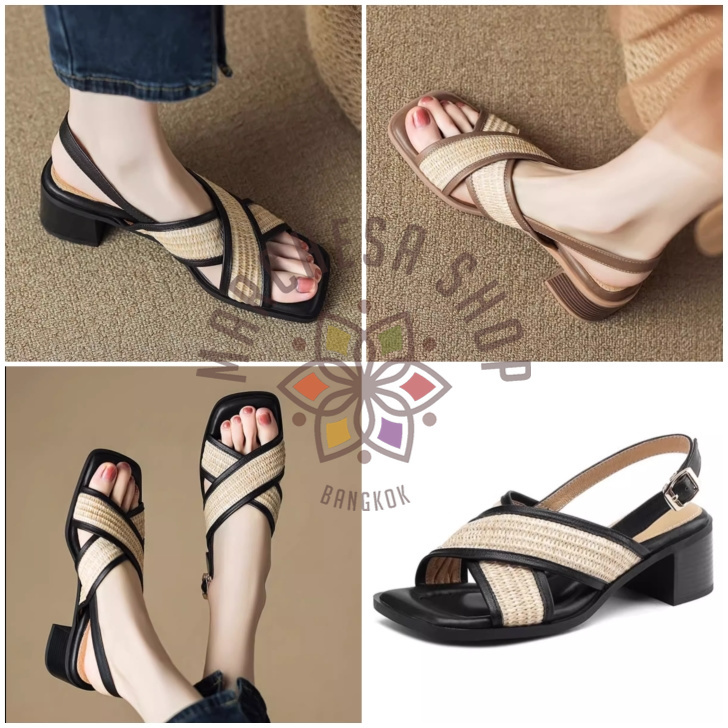 S3094 - 牛皮編織交叉帶高踭涼鞋