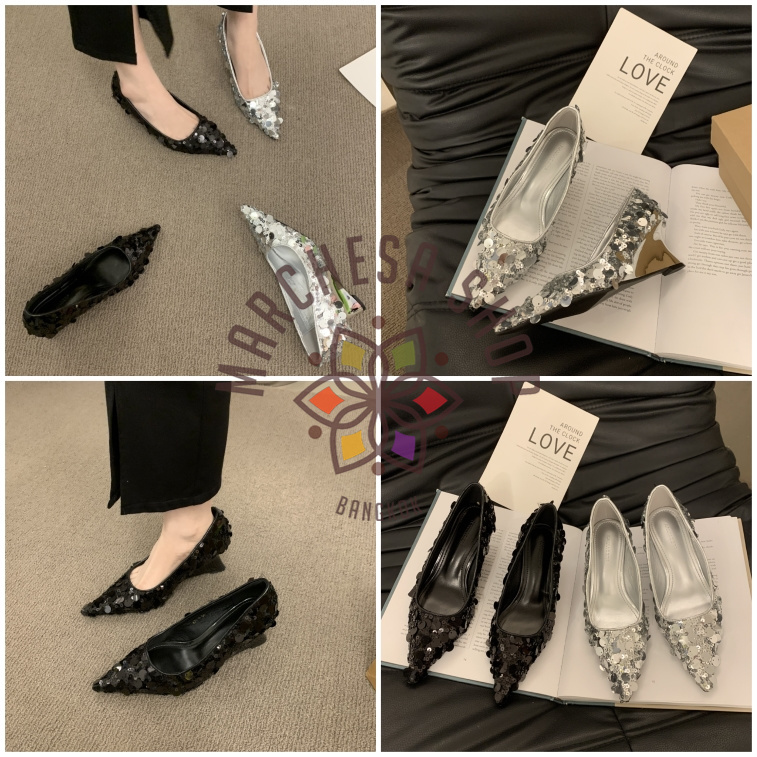 S3096 - 真皮羊皮閃片Bling Bling高踭船踭鞋