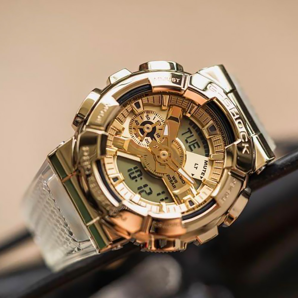 【CASIO 卡西歐】 G-SHOCK GM-110SG-9A 華爾街風奢華霸氣 世界時間多功能耐衝擊數位雙顯 透明金屬 手錶