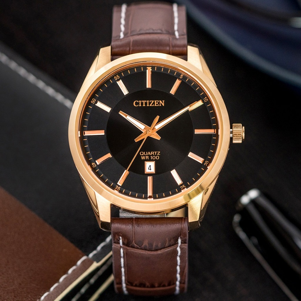 (預購)【CITIZEN 星辰】BI1033-04E 極簡紳士時尚 日本機芯 金框黑面 皮革腕錶 42mm