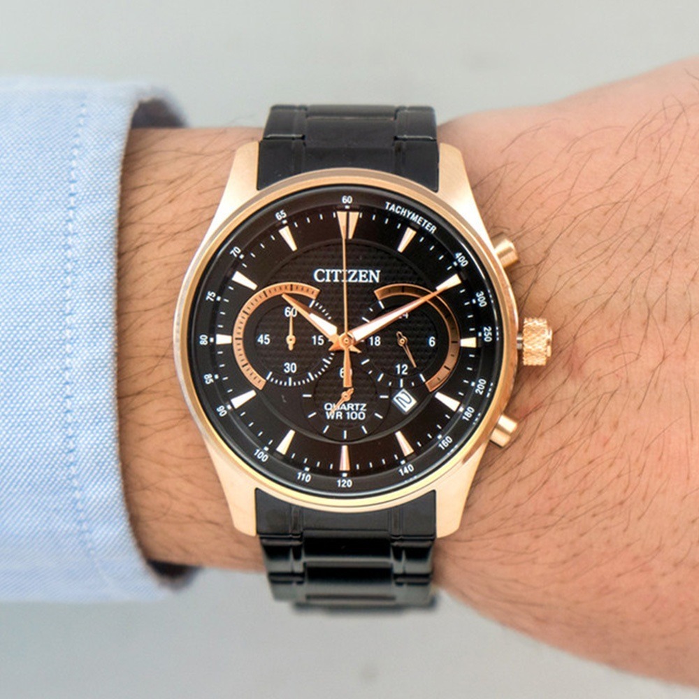 【CITIZEN 星辰】AN8196-55E 商務時尚 三眼計時 黑面金框 不鏽鋼石英腕錶 42mm