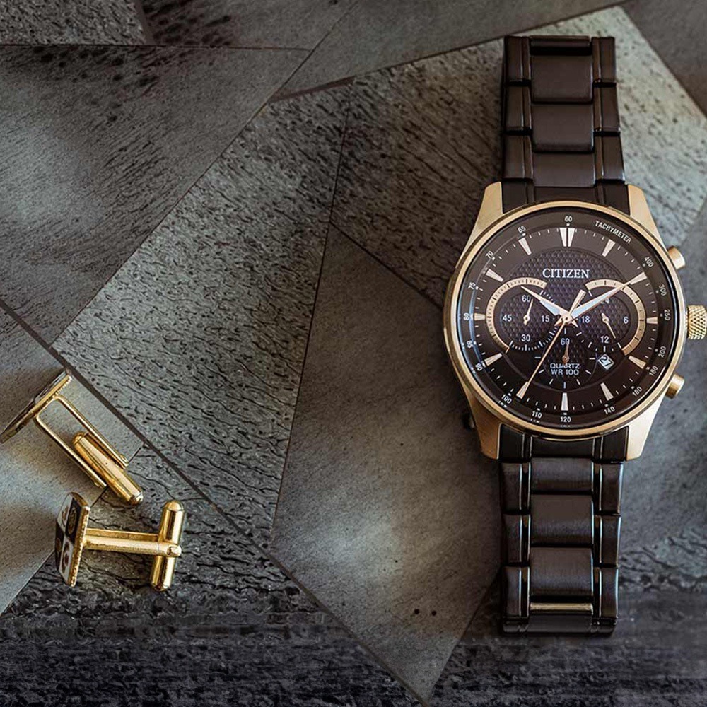 【CITIZEN 星辰】AN8196-55E 商務時尚 三眼計時 黑面金框 不鏽鋼石英腕錶 42mm