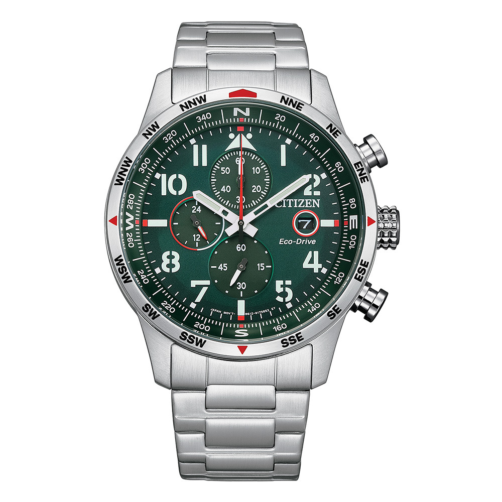 【CITIZEN 星辰】Eco Drive CA0791-81X 三眼計時 綠面 不鏽鋼光動能腕錶 43mm