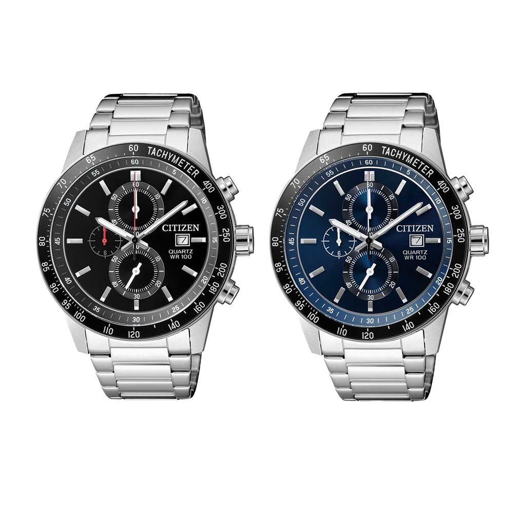 【CITIZEN 星辰】AN3600-59L/59E 男 三眼計時 日本機芯 藍黑 不鏽鋼石英腕錶 44mm