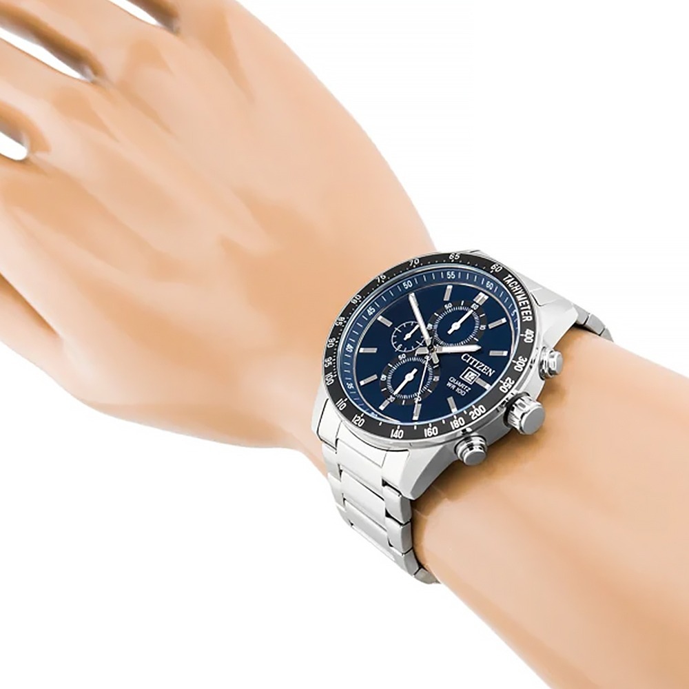 【CITIZEN 星辰】AN3600-59L/59E 男 三眼計時 日本機芯 藍黑 不鏽鋼石英腕錶 44mm