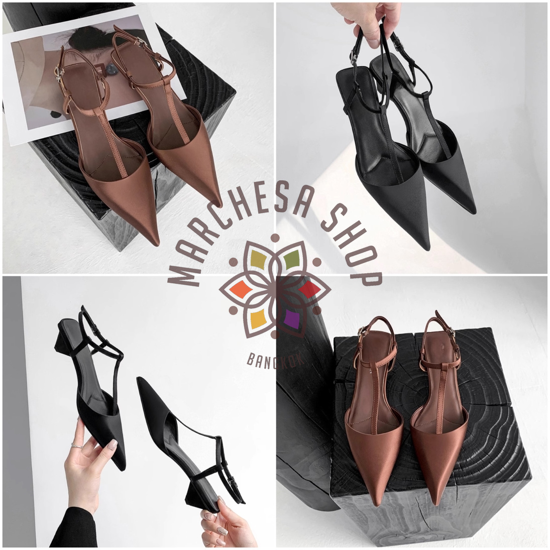 S3117 - 牛皮絲綢純色T字帶尖頭高踭涼鞋