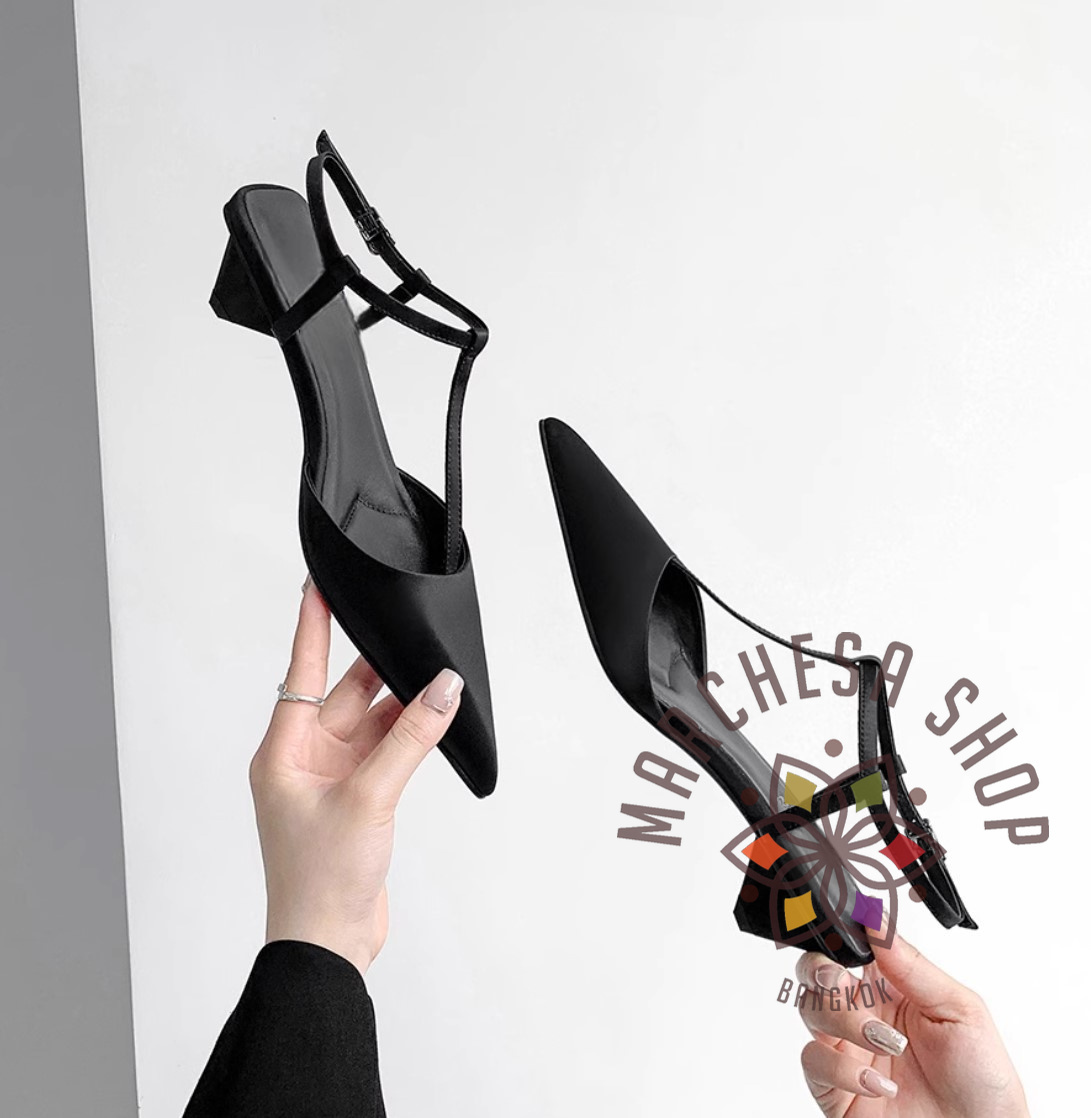 S3117 - 牛皮絲綢純色T字帶尖頭高踭涼鞋