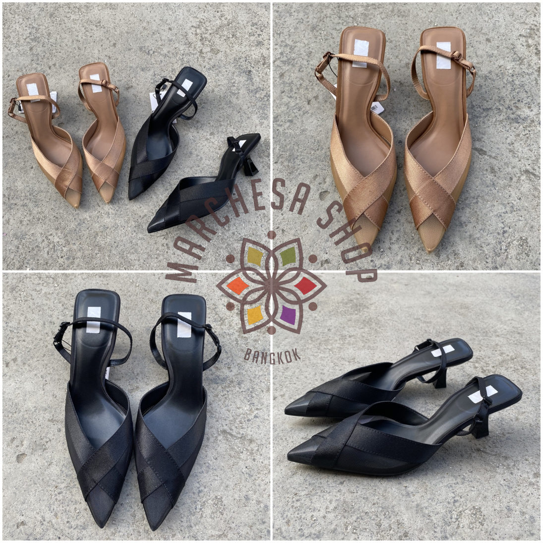 S3119 - 牛皮純色網紗絲綢交叉尖頭高踭鞋