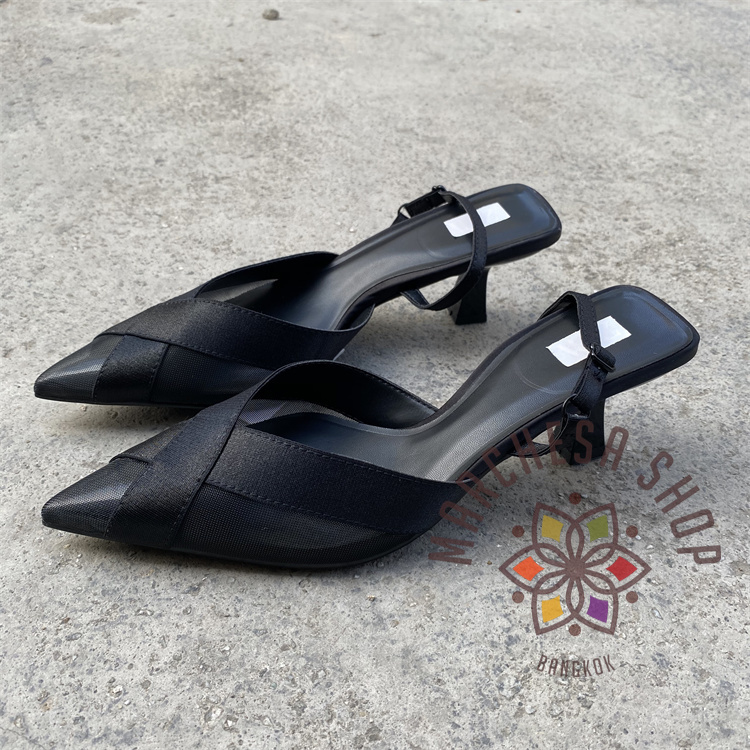 S3119 - 牛皮純色網紗絲綢交叉尖頭高踭鞋