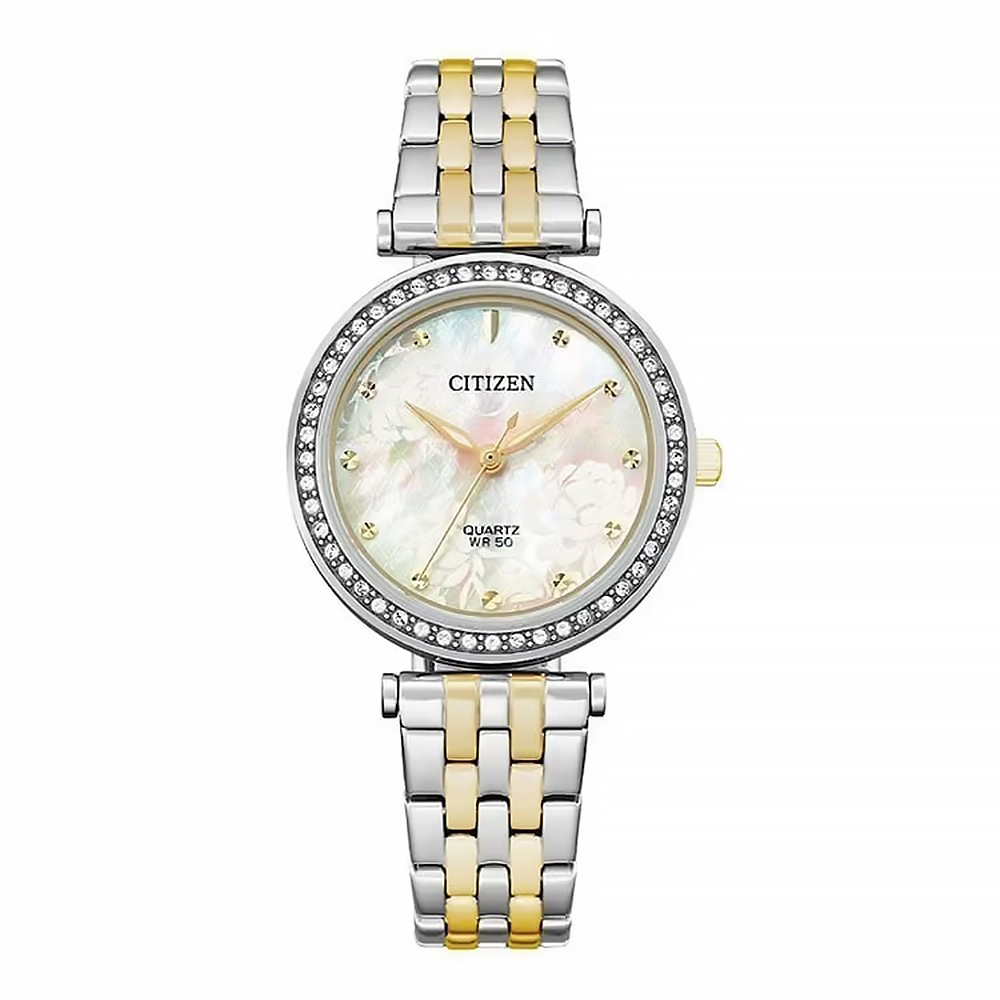 【CITIZEN 星辰】 ER0214-54D 簡約大方 日本機芯 晶鑽錶框 菱格紋錶盤 花朵紋 手錶 30mm