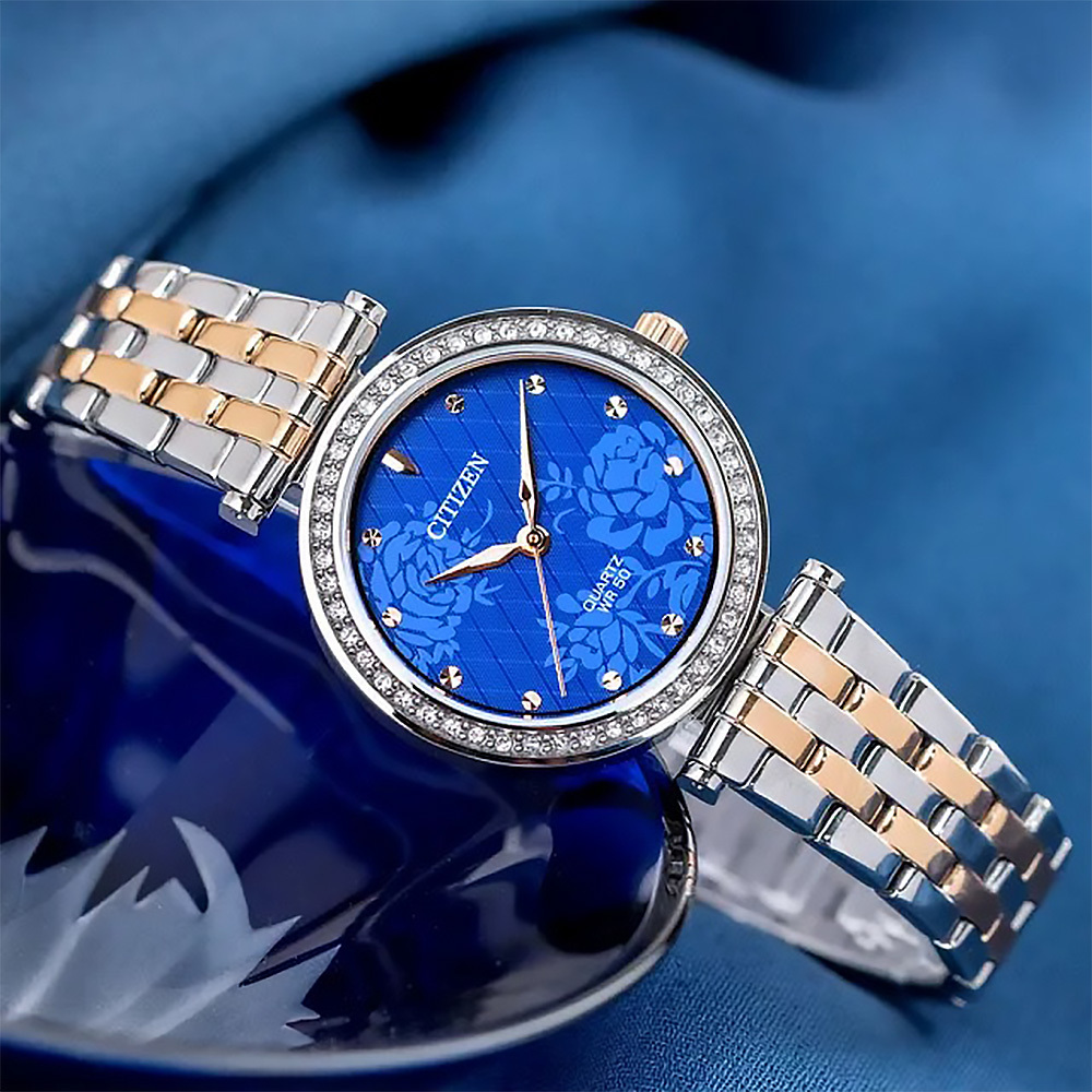 【CITIZEN 星辰】 LADY'S 系列 ER0218-53L 花樣時尚 奢華綻放 日本機芯 錶框48顆水晶 夜光指針 手錶 女錶 夜魅藍 30mm