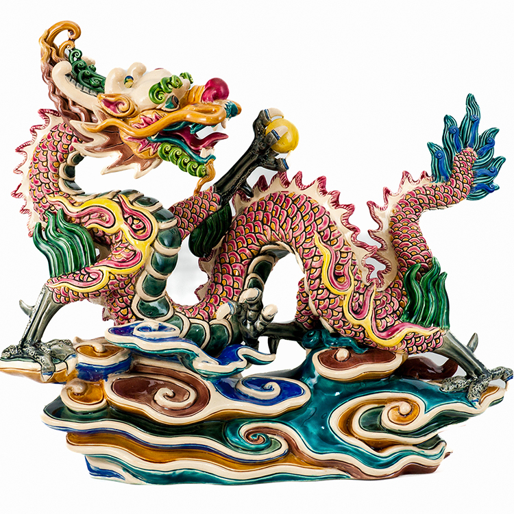 【未使用】交趾陶　交趾焼　鹿港窯　九龍盤 鹿港窯禮品館｜龍從雲而天下昇平27cm九龍盤