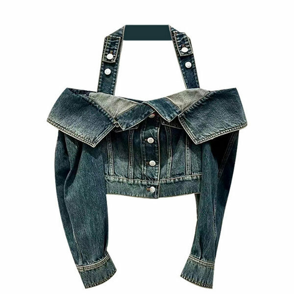 Hot selling one-shoulder halterneck denim jacket (blue size S-L) (please contact customer service to confirm the delivery size after placing the order)