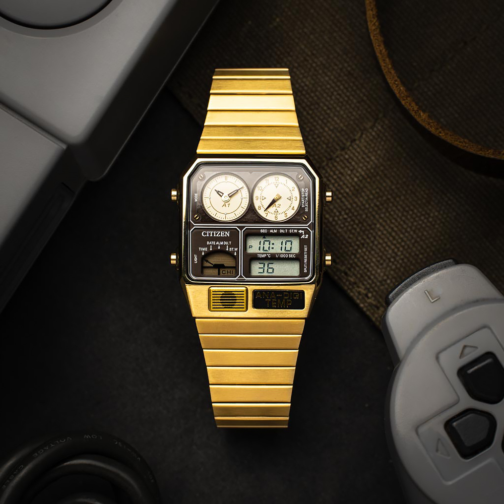 【CITIZEN 星辰】 CHRONOGRAPH 計時系列 JG2103-72X 復古金 計時碼錶 星期日期溫度 雙顯電子指針 不鏽鋼 手錶