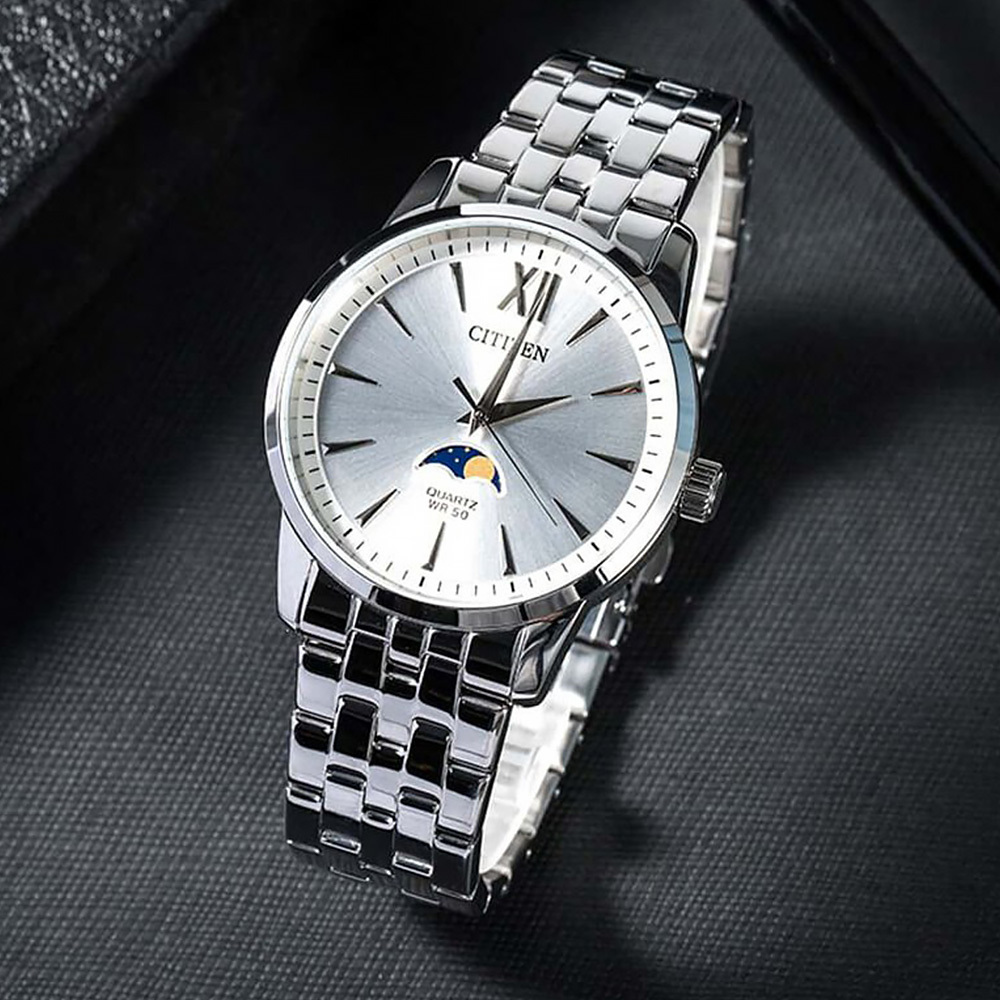 (預購)【CITIZEN 星辰】 AK5000-54A 銀白 商務菁英 優雅紳士 時尚穿搭配飾 無字月相 日月星辰 不鏽鋼 手錶