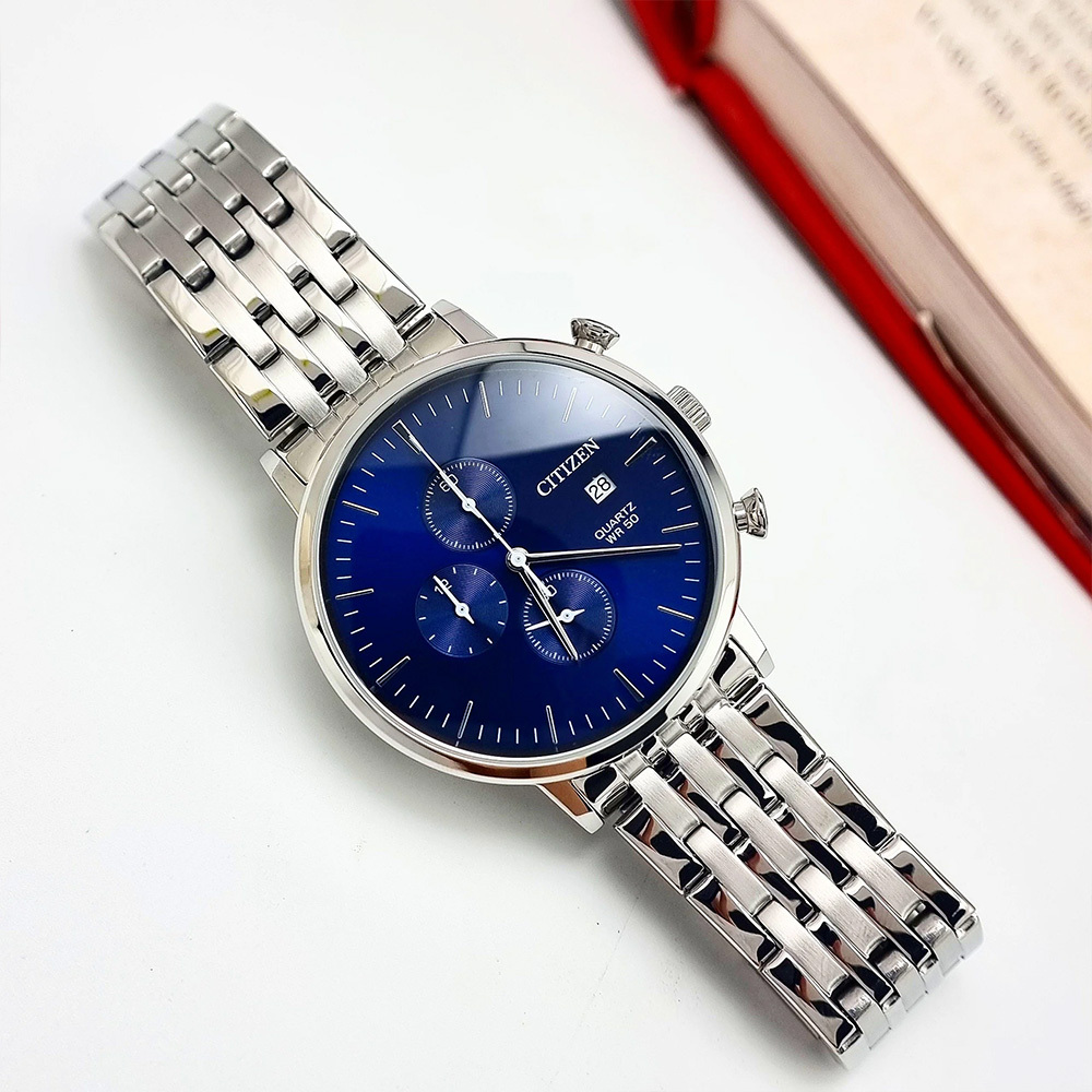 【CITIZEN 星辰】 AN3610-55L 銀藍 商務沉穩 英倫風日系 超霸 三眼 計時 宇宙計型 熊貓 無字 日期 不鏽鋼 手錶