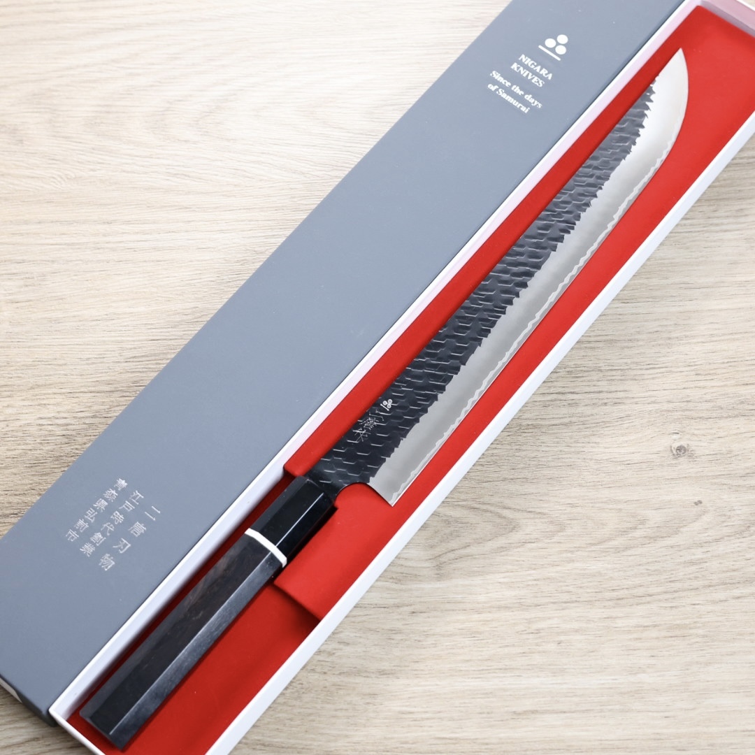 二唐刃物 先丸筋引 300mm SG2 黑打鎚目