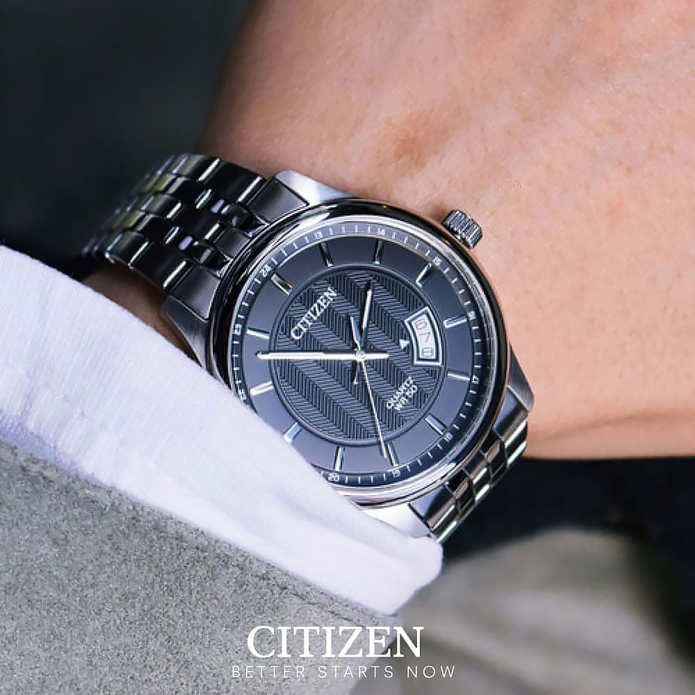 【CITIZEN 星辰】BI1050-81E 黑銀 英倫紳士 視覺花紋 商務沉穩 簡約無字 日期夜光 男款 不鏽鋼 手錶