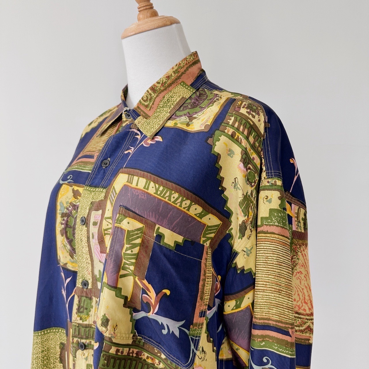 時鐘拼布風印花古着上衣