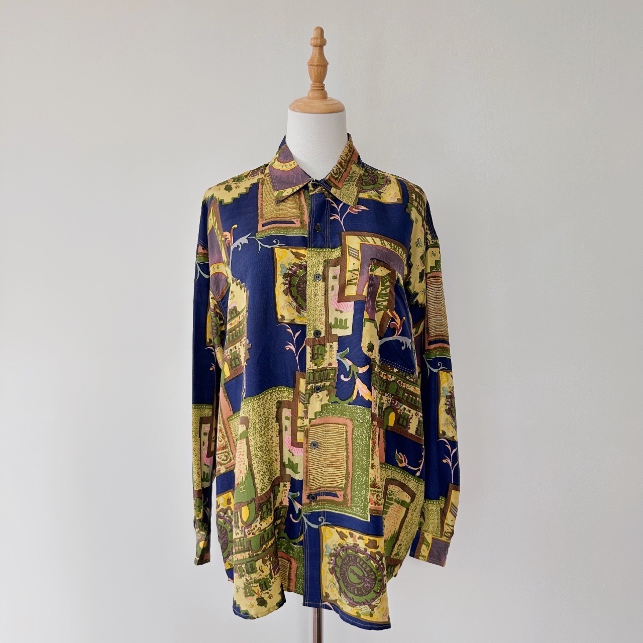 時鐘拼布風印花古着上衣