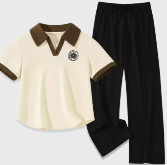 Hot Selling Ice Silk Slit Pants Two-piece Set [Milk White (Mottled Flower) + Black Pants] [S-2XL Size] (Please contact customer service to confirm the delivery size after placing the order)