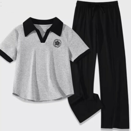 Hot Selling Ice Silk Slit Pants Two-piece Set [Heather Gray (Mottled Flower) + Black Pants] [S-2XL Size] (Please contact customer service to confirm the delivery size after placing the order)