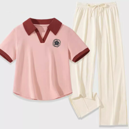 Hot selling ice silk slit pants two-piece set [light pink (mottled flower) + off-white pants] [S-2XL size] (please contact customer service to confirm the delivery size after placing the order)