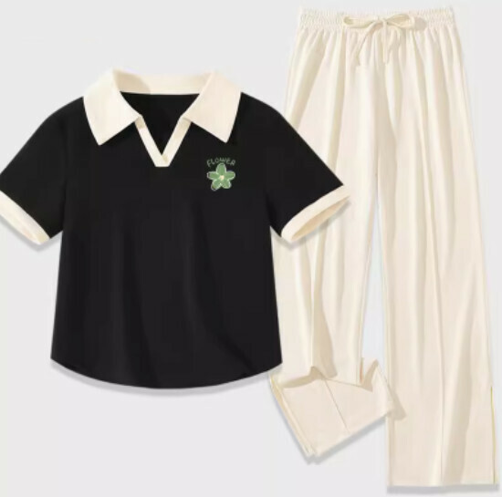 Hot Selling Ice Silk Slit Pants Two-piece Set [Black (Qingyahua) + Off-White Pants] [S-2XL Size] (Please contact customer service to confirm the delivery size after placing the order)