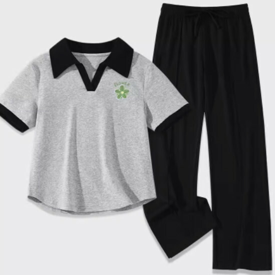 Hot Selling Ice Silk Slit Pants Two-piece Set [Heather Gray (Qingyahua) + Black Pants] [S-2XL Size] (Please contact customer service to confirm the delivery size after placing the order)