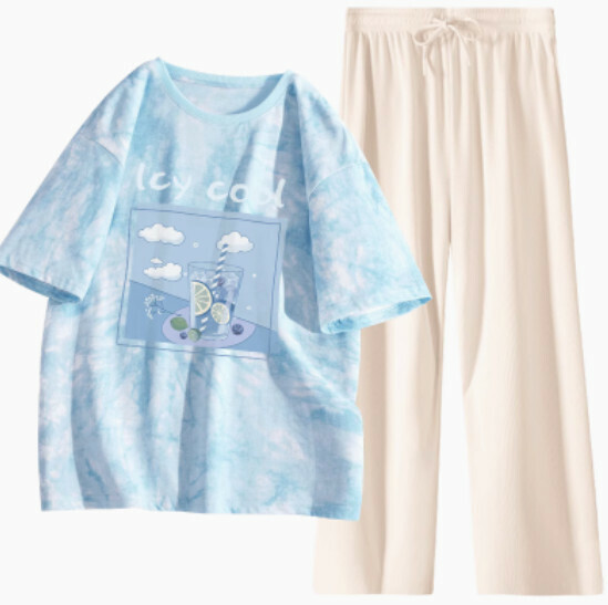 Hot selling tie-dye short-sleeved two-piece set [Blue (Bing Lime Blueberry) + Apricot Pants] [S-XL] (please contact customer service to confirm the delivery size after placing the order)
