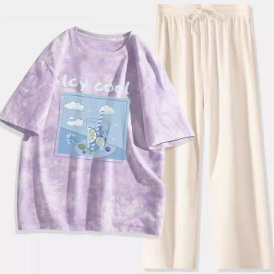 Hot-selling tie-dye short-sleeved two-piece set [Purple (Bing Lime Blueberry) + Apricot Pants] [S-XL] (please contact customer service to confirm the delivery size after placing the order)