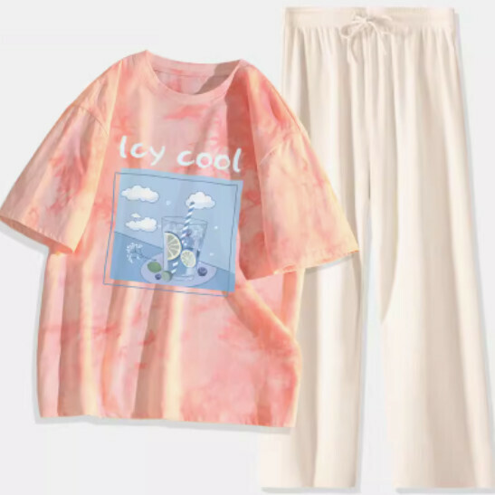 Hot-selling tie-dye short-sleeved two-piece set [Pink (Bing Lime Blueberry) + Apricot Pants] [S-XL Size] (please contact customer service to confirm the delivery size after placing the order)