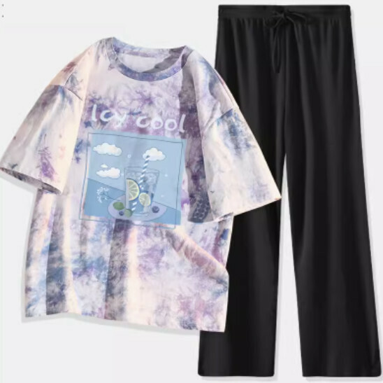 Hot selling tie-dyed short-sleeved two-piece set [blue purple (ice lemon blueberry) + black pants] [S-XL size] (please contact customer service to confirm the delivery size after placing the order)