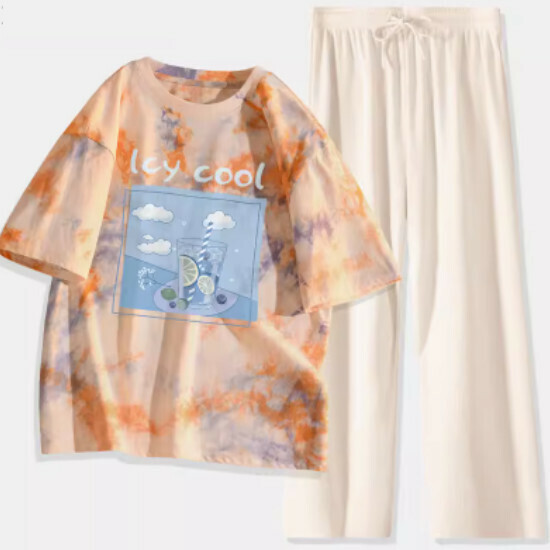 Hot selling tie-dyed short-sleeved two-piece set [Orange (Bing Lime Blueberry) + Apricot Pants] [S-XL] (please contact customer service to confirm the delivery size after placing the order)