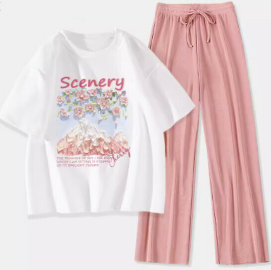 Hot selling two-piece short-sleeved ice silk pants [white (Fuji Sakura) + pink pants] [S-XL size] (please contact customer service to confirm the delivery size after placing the order)
