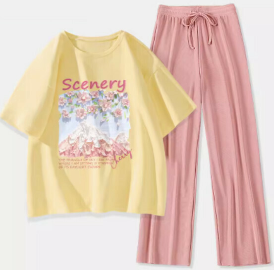 Hot selling two-piece short-sleeved ice silk pants [goose yellow (Fuji cherry blossom) + pink pants] [S-XL size] (please contact customer service to confirm the delivery size after placing the order)