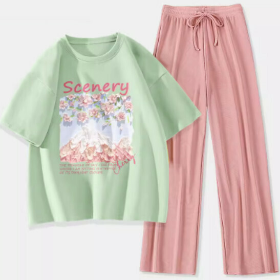 Hot selling two-piece short-sleeved ice silk pants [fruit green (Fuji cherry blossom) + pink pants] [S-XL size] (please contact customer service to confirm the delivery size after placing the order)